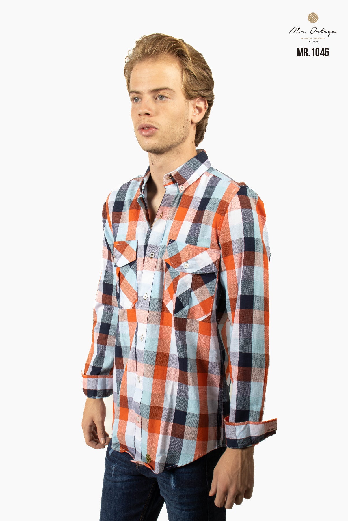 CAMISA CUADROS NARANJA Y AZUL CIELO DOBLE BOLSA