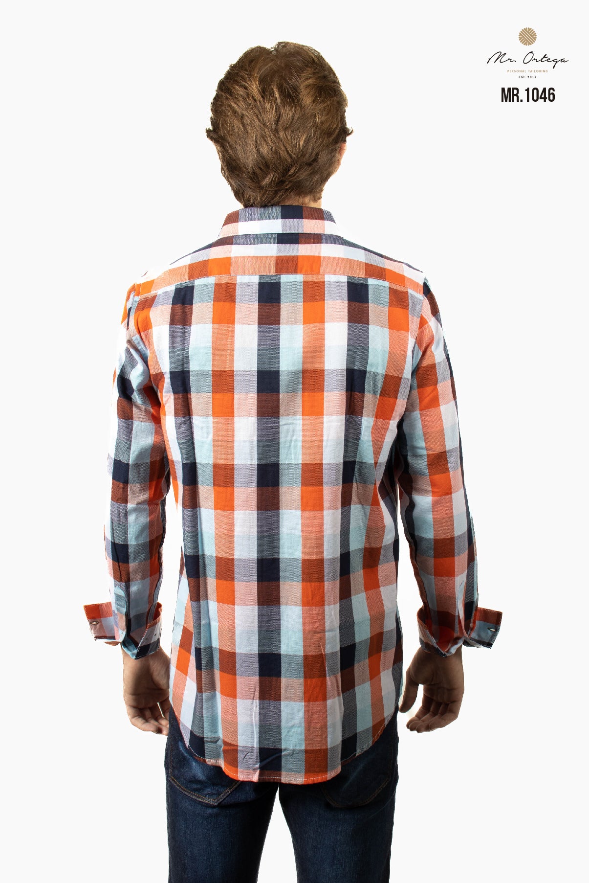 CAMISA CUADROS NARANJA Y AZUL CIELO DOBLE BOLSA