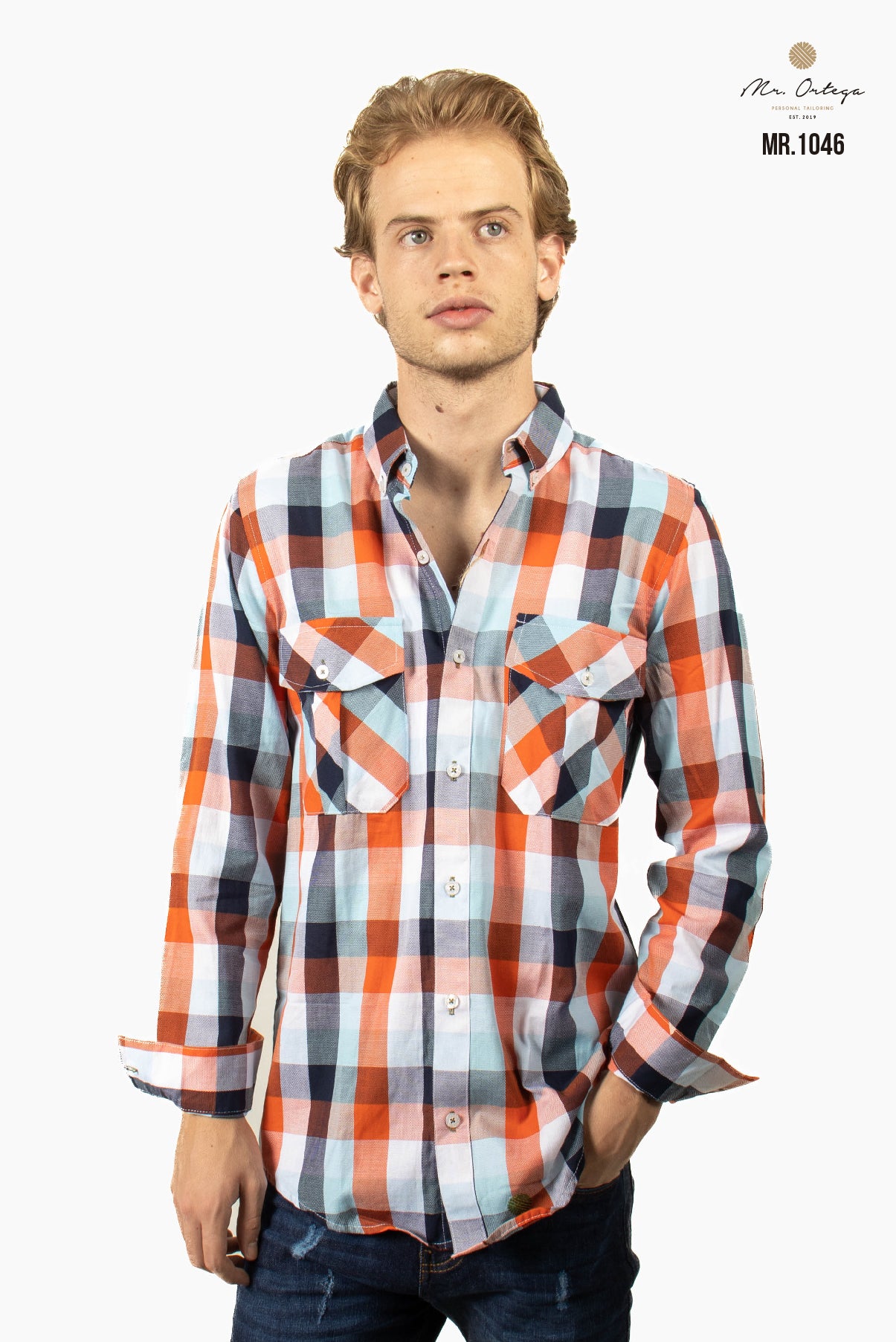 CAMISA CUADROS NARANJA Y AZUL CIELO DOBLE BOLSA