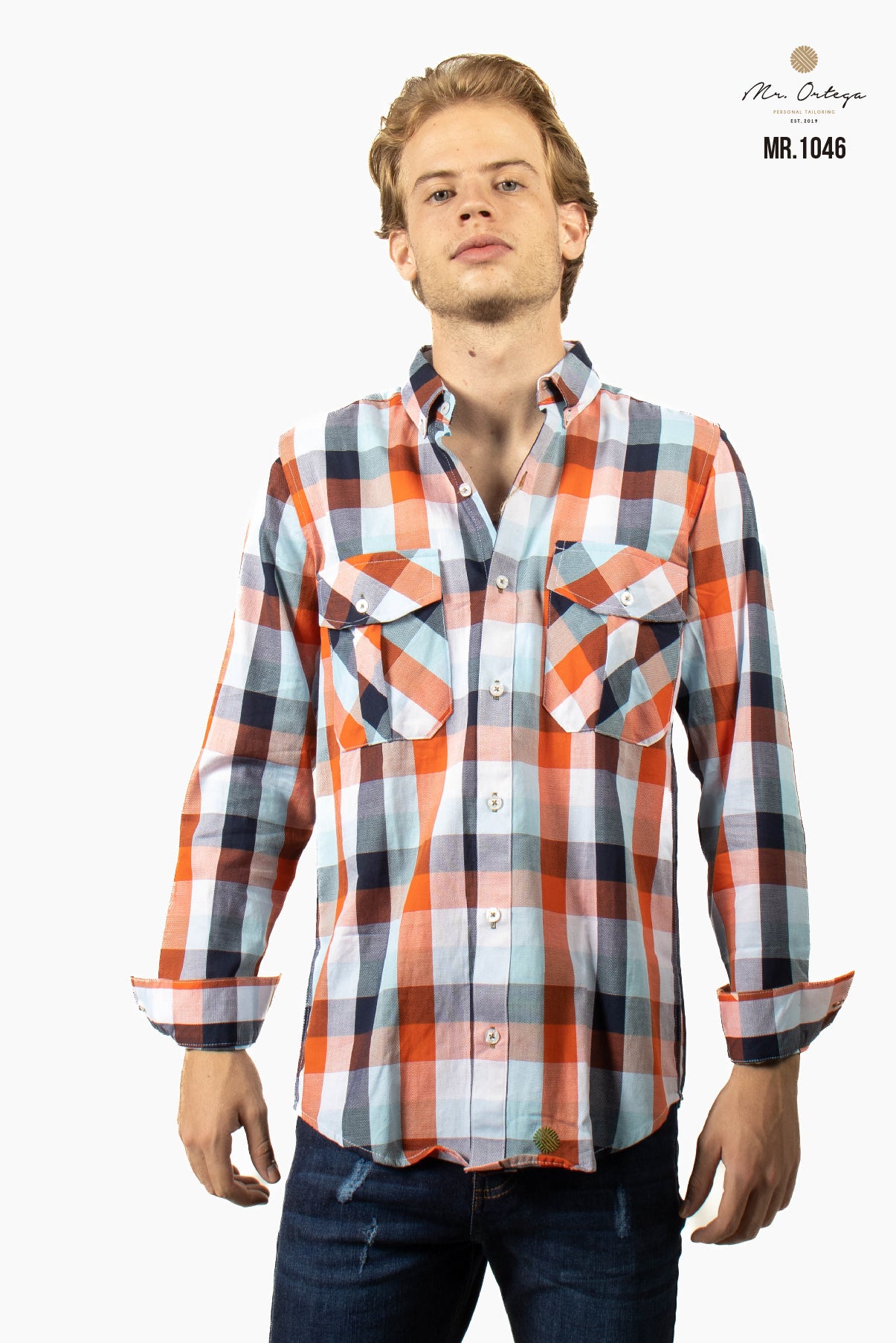 CAMISA CUADROS NARANJA Y AZUL CIELO DOBLE BOLSA
