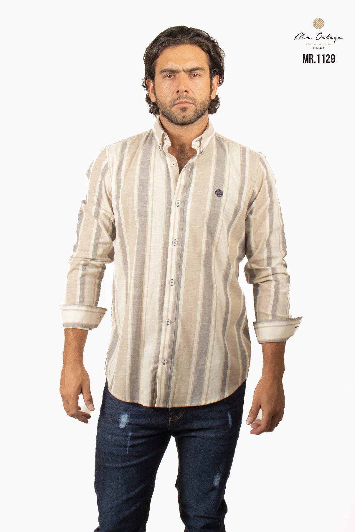 CAMISA LINEAS BEIGE Y GRIS