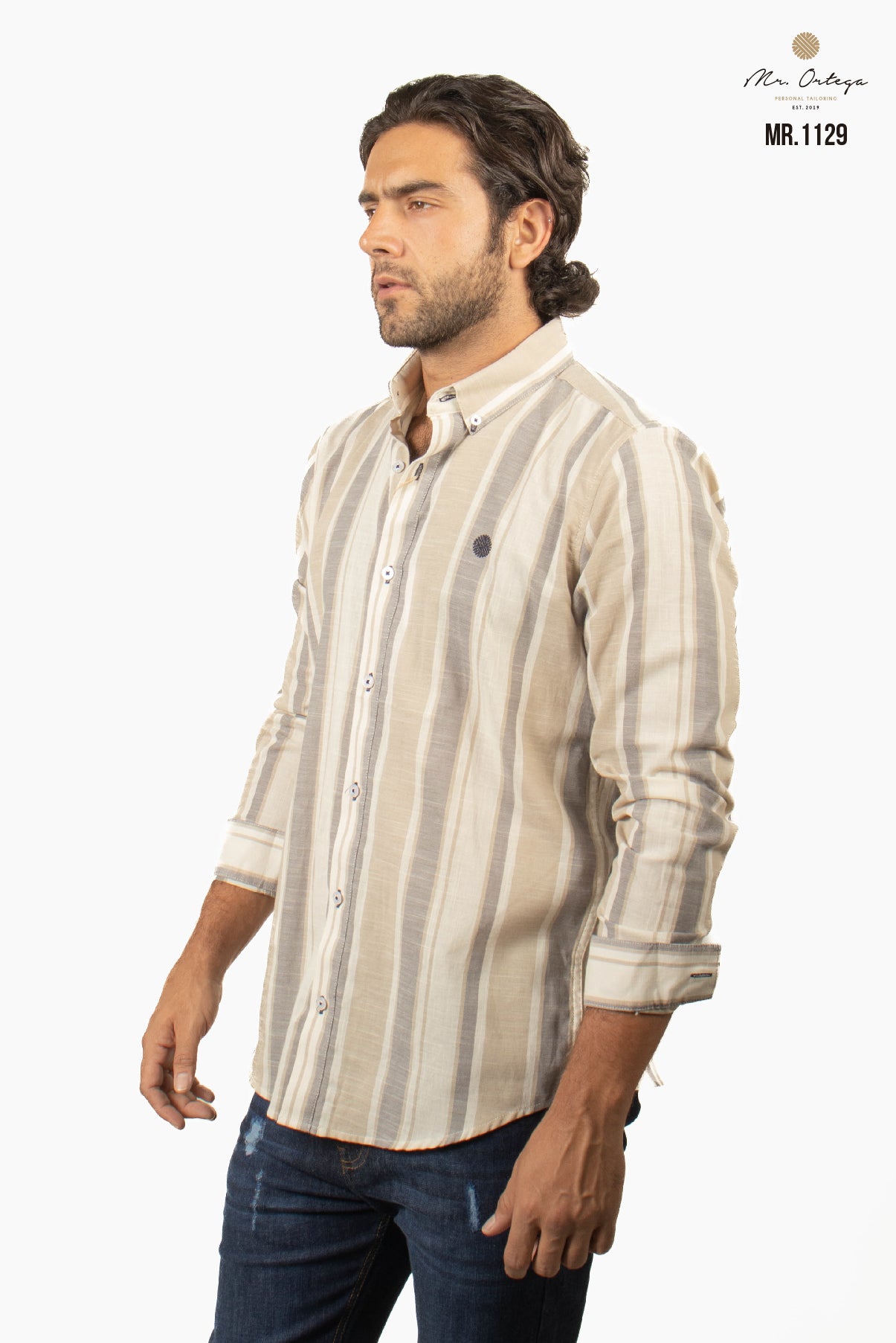 CAMISA LINEAS BEIGE Y GRIS