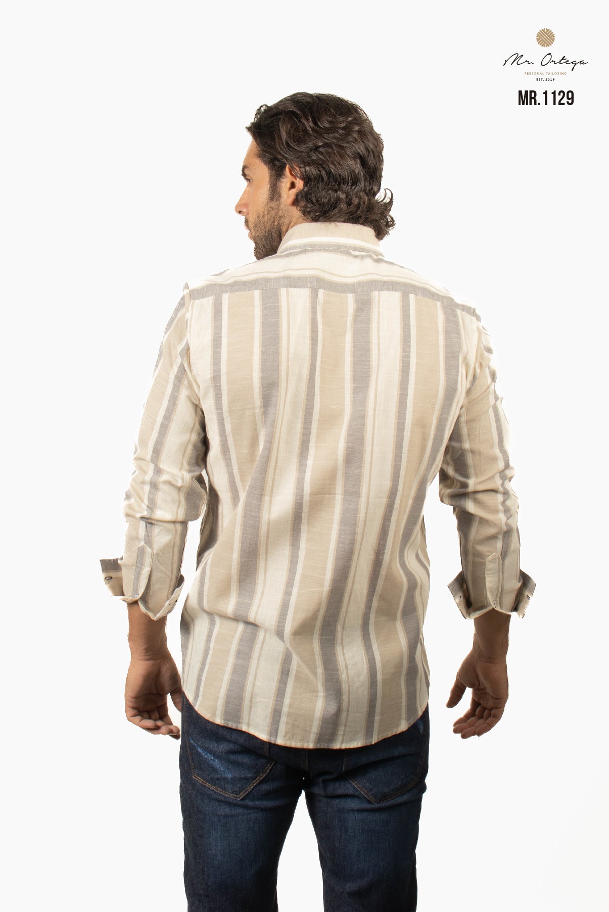 CAMISA LINEAS BEIGE Y GRIS