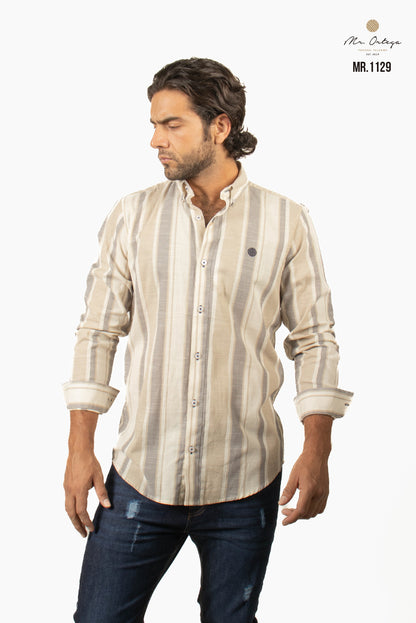 CAMISA LINEAS BEIGE Y GRIS