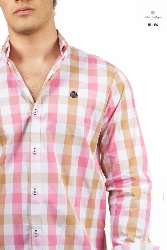 CAMISA CUADROS ROSA / CAFÉ CLARO Y BLANCO