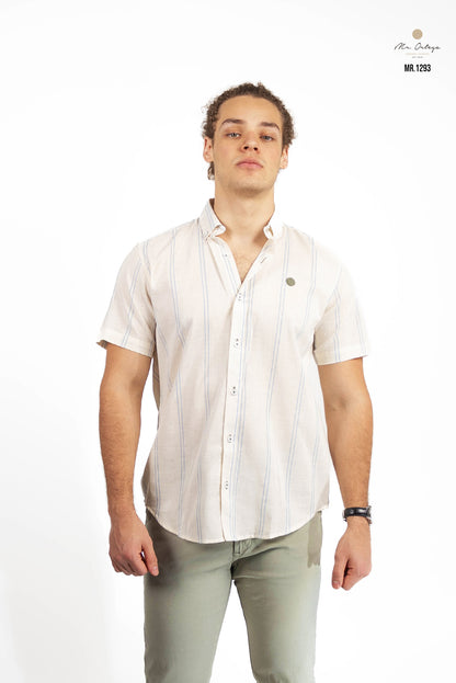 CAMISA RAYAS BEIGE / AZUL CIELO