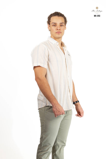 CAMISA RAYAS BEIGE / AZUL CIELO