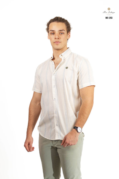 CAMISA RAYAS BEIGE / AZUL CIELO