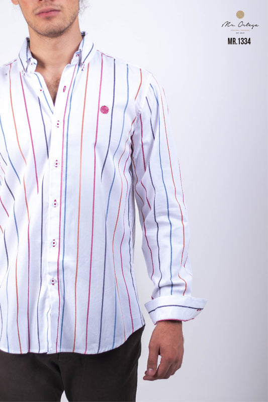 CAMISA BLANCA RAYAS NARANJA, AZUL, ROJO Y NEGRO