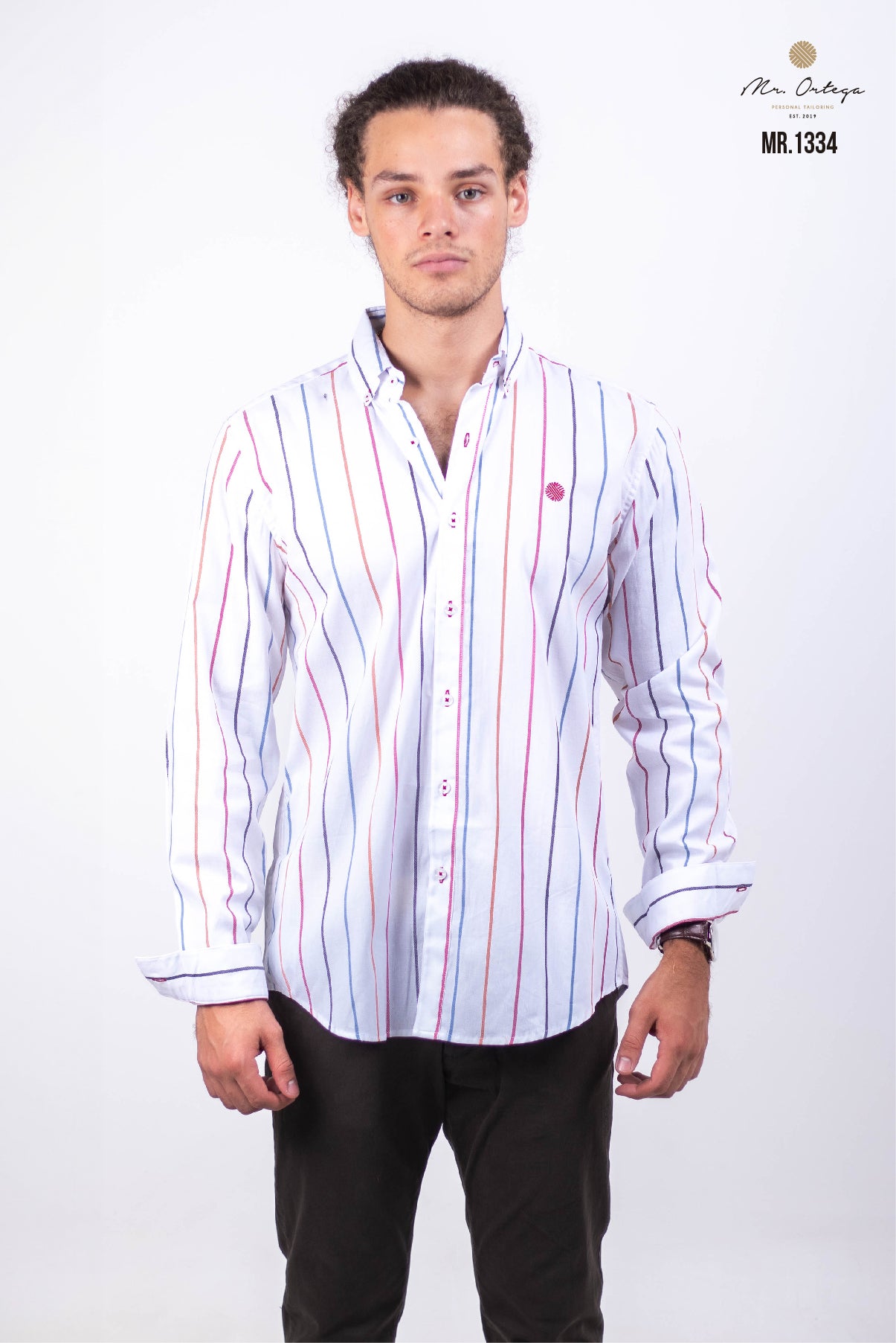 CAMISA BLANCA RAYAS NARANJA, AZUL, ROJO Y NEGRO