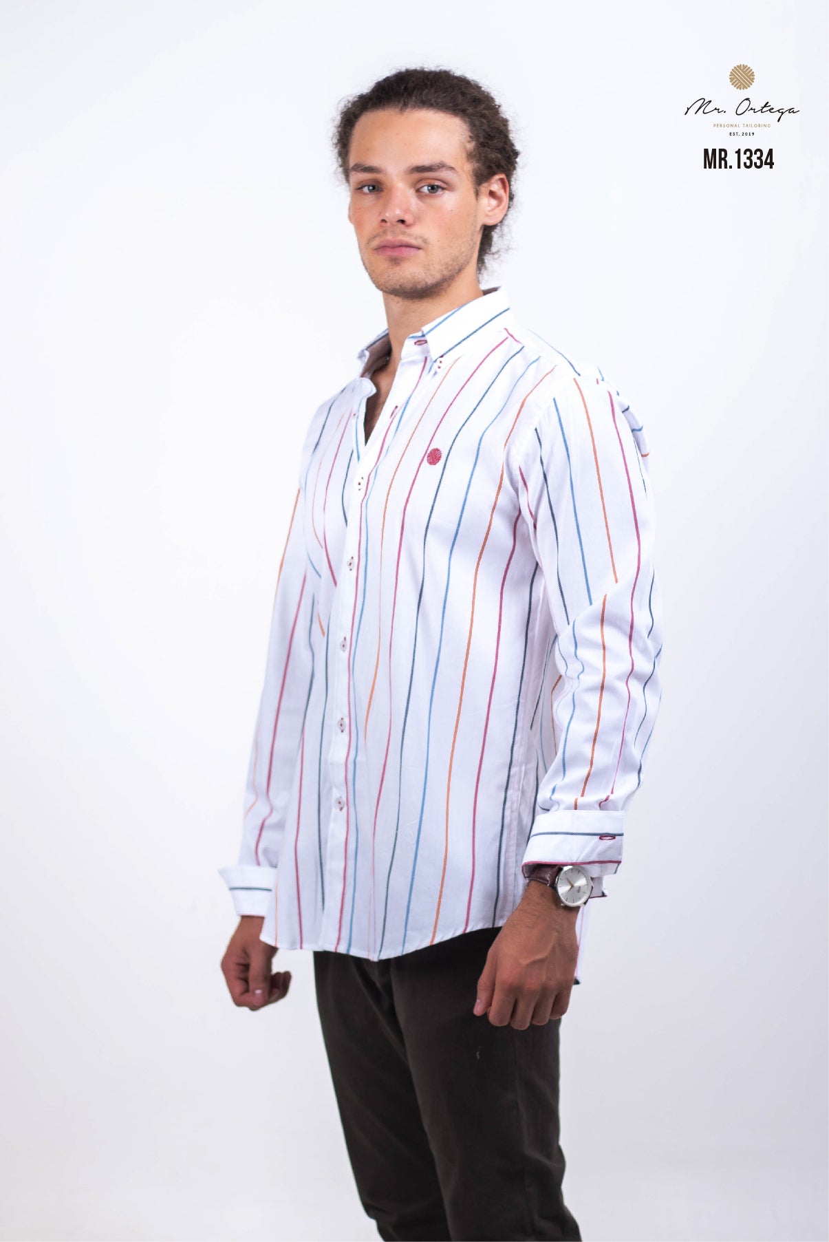 CAMISA BLANCA RAYAS NARANJA, AZUL, ROJO Y NEGRO