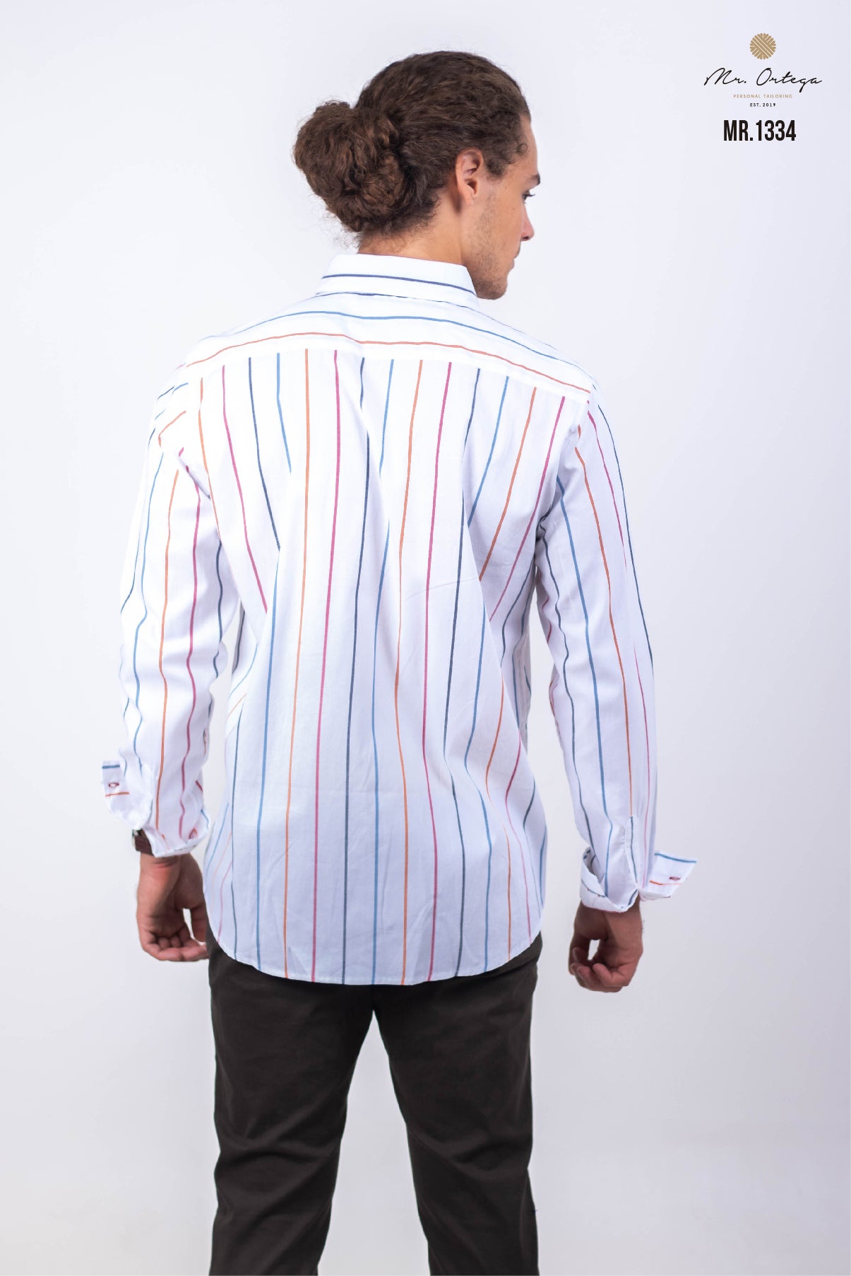 CAMISA BLANCA RAYAS NARANJA, AZUL, ROJO Y NEGRO