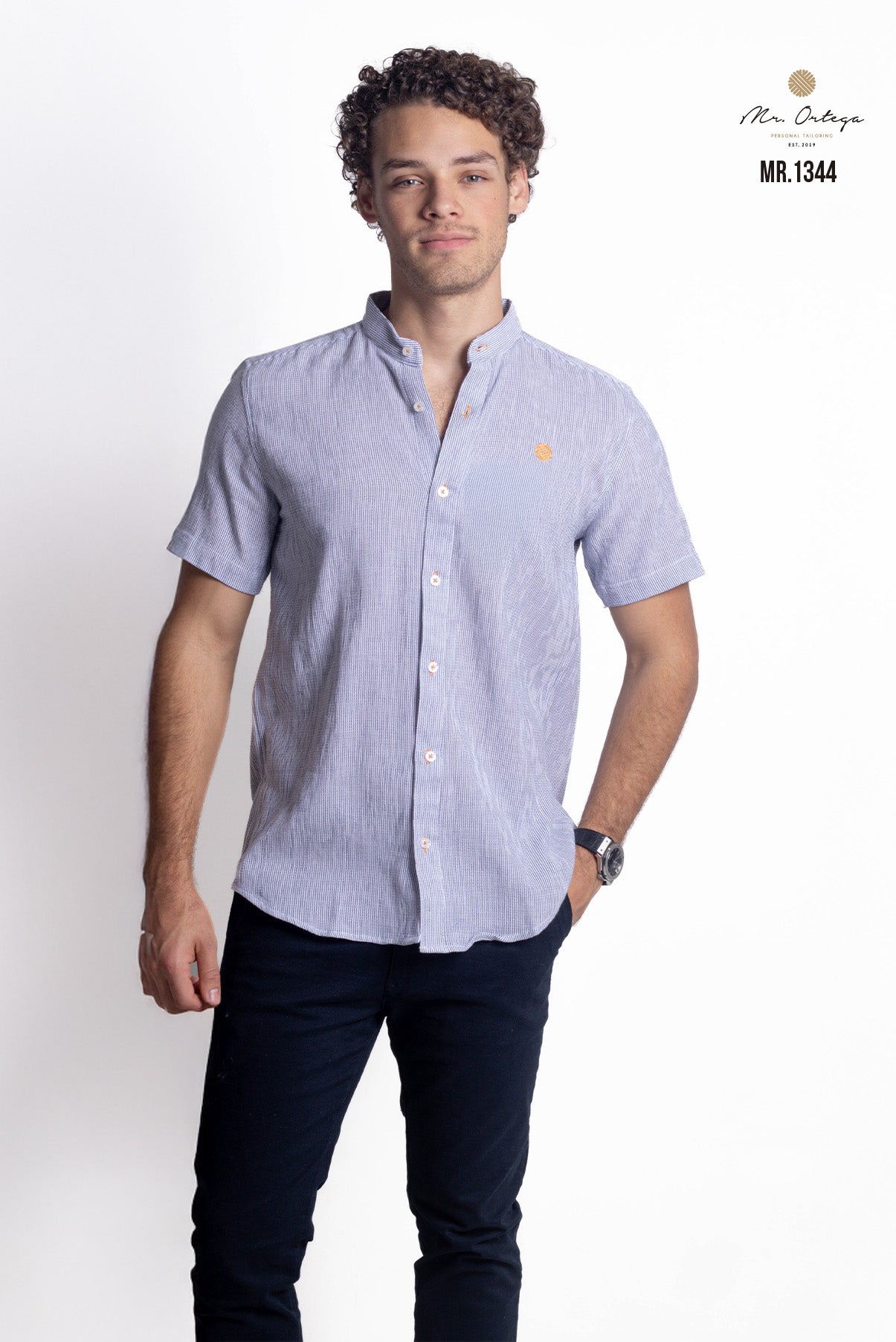 CAMISA AZUL MARINO Y BLANCO MANGA CORTA