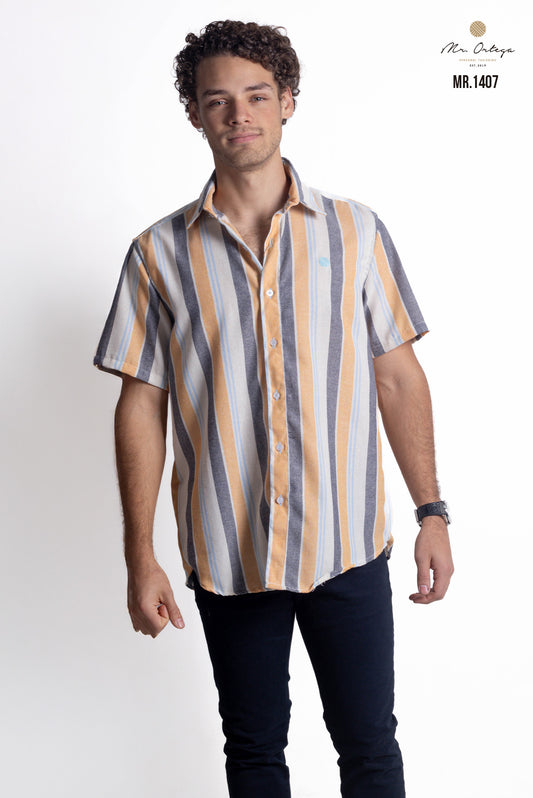 CAMISA RAYAS NEGRO, BEIGE, AZUL Y AMARILLO