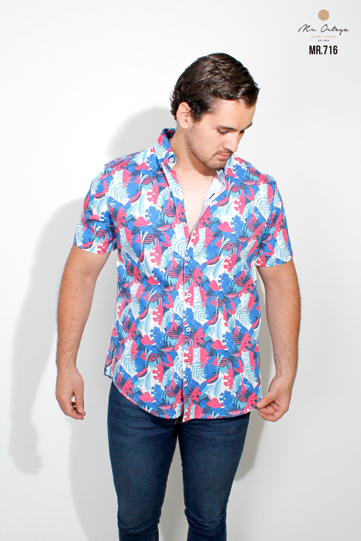 CAMISA HOJAS AZUL REY / ROJO / BLANCO
