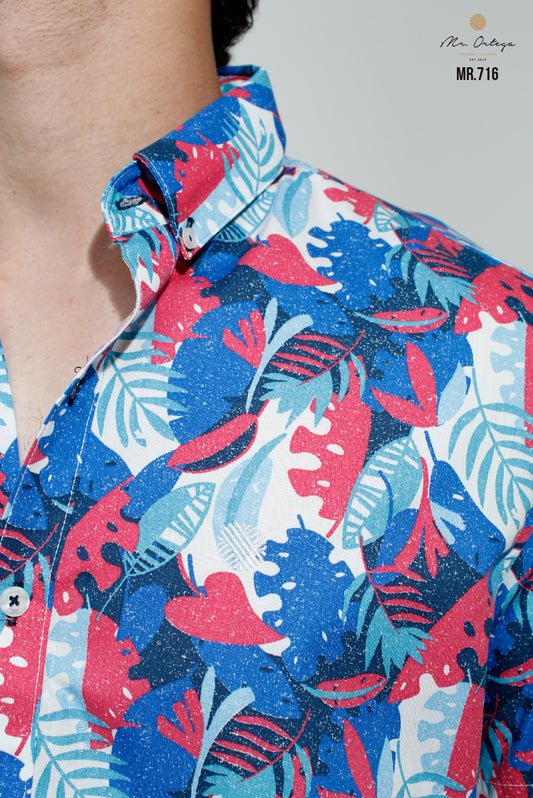 CAMISA HOJAS AZUL REY / ROJO / BLANCO