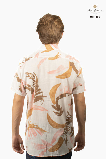 CAMISA BLANCA HOJAS ROSA Y CAFÉ