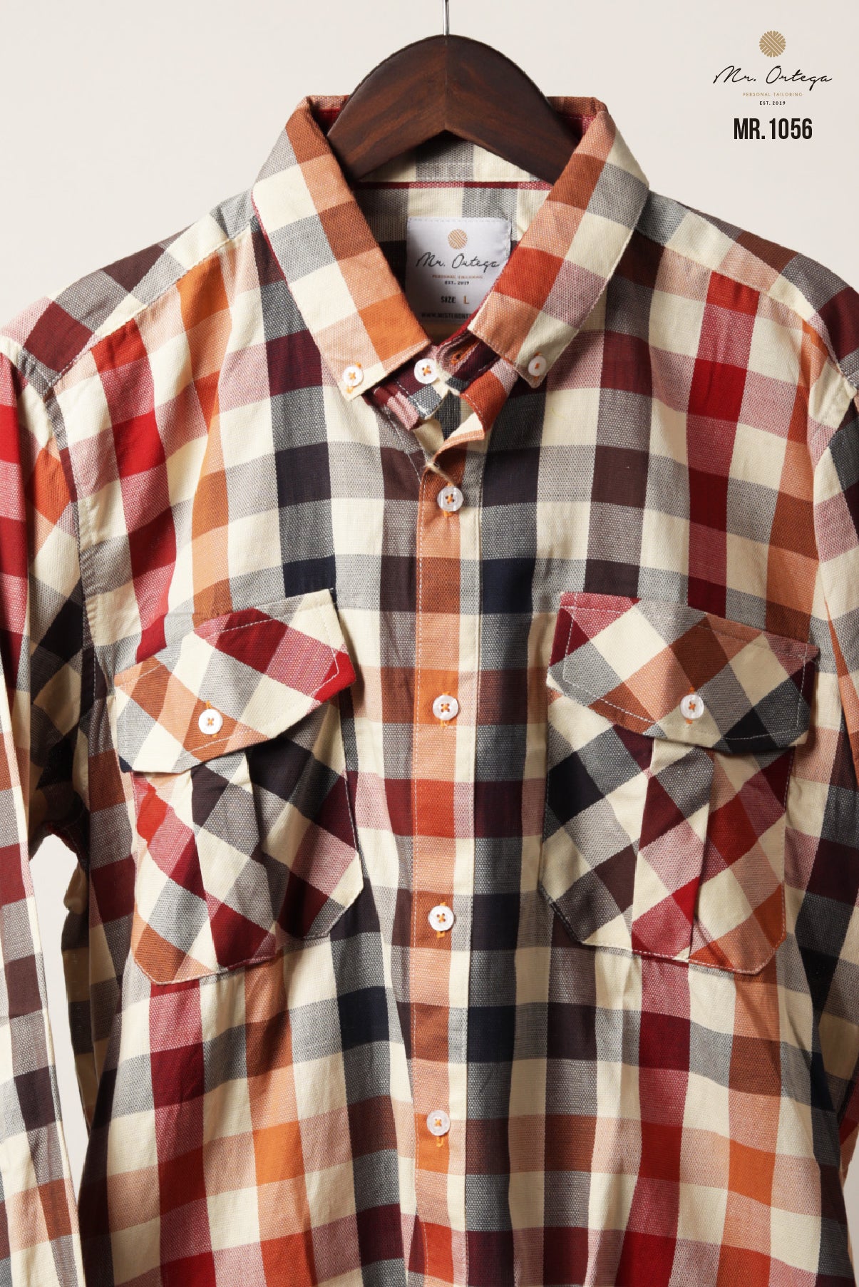 CAMISA CUADROS NARANJA / ROJO Y BEIGE DOBLE BOLSA