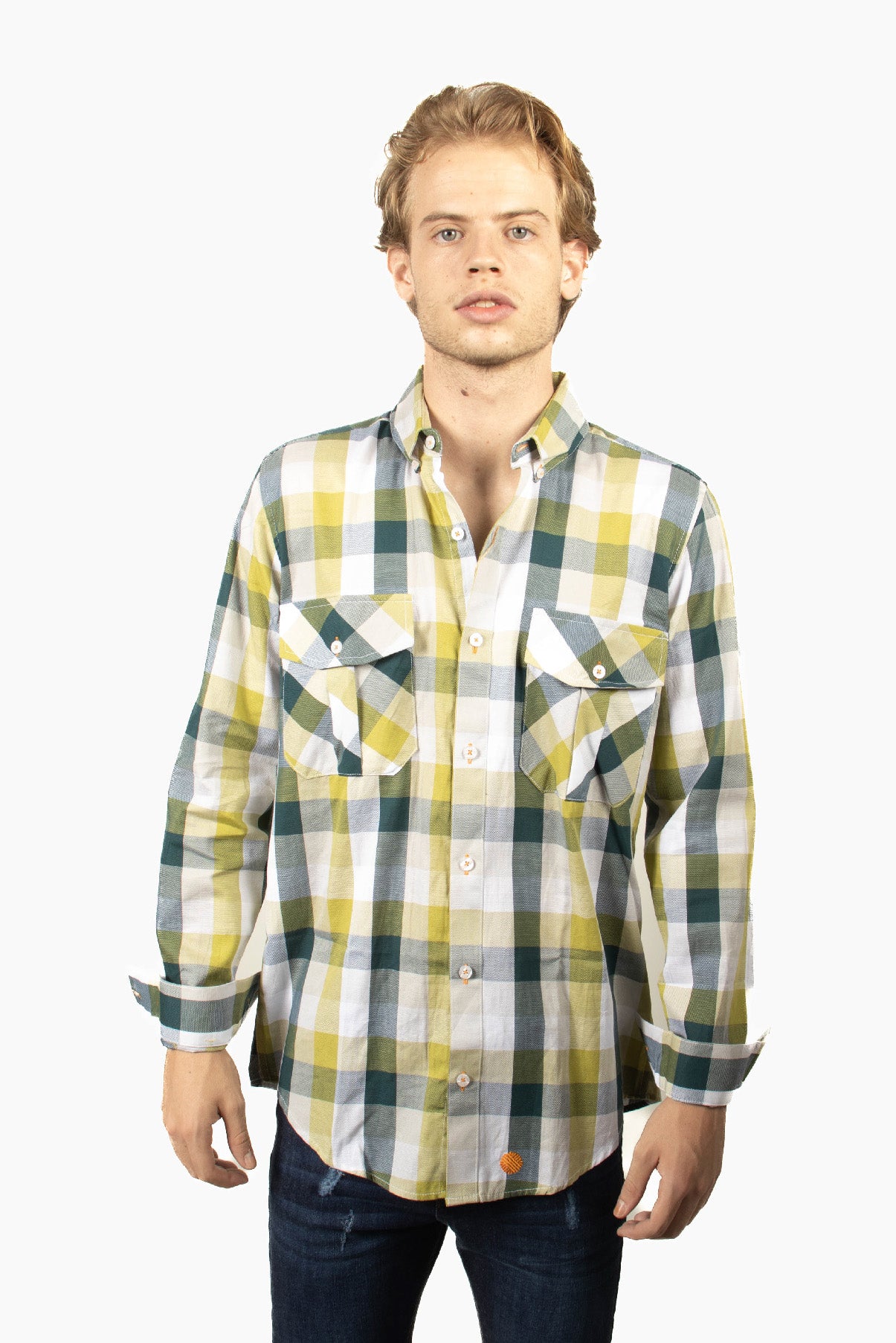 CAMISA CUADROS VERDE OSCURO Y VERDE LIMÓN DOBLE BOLSA