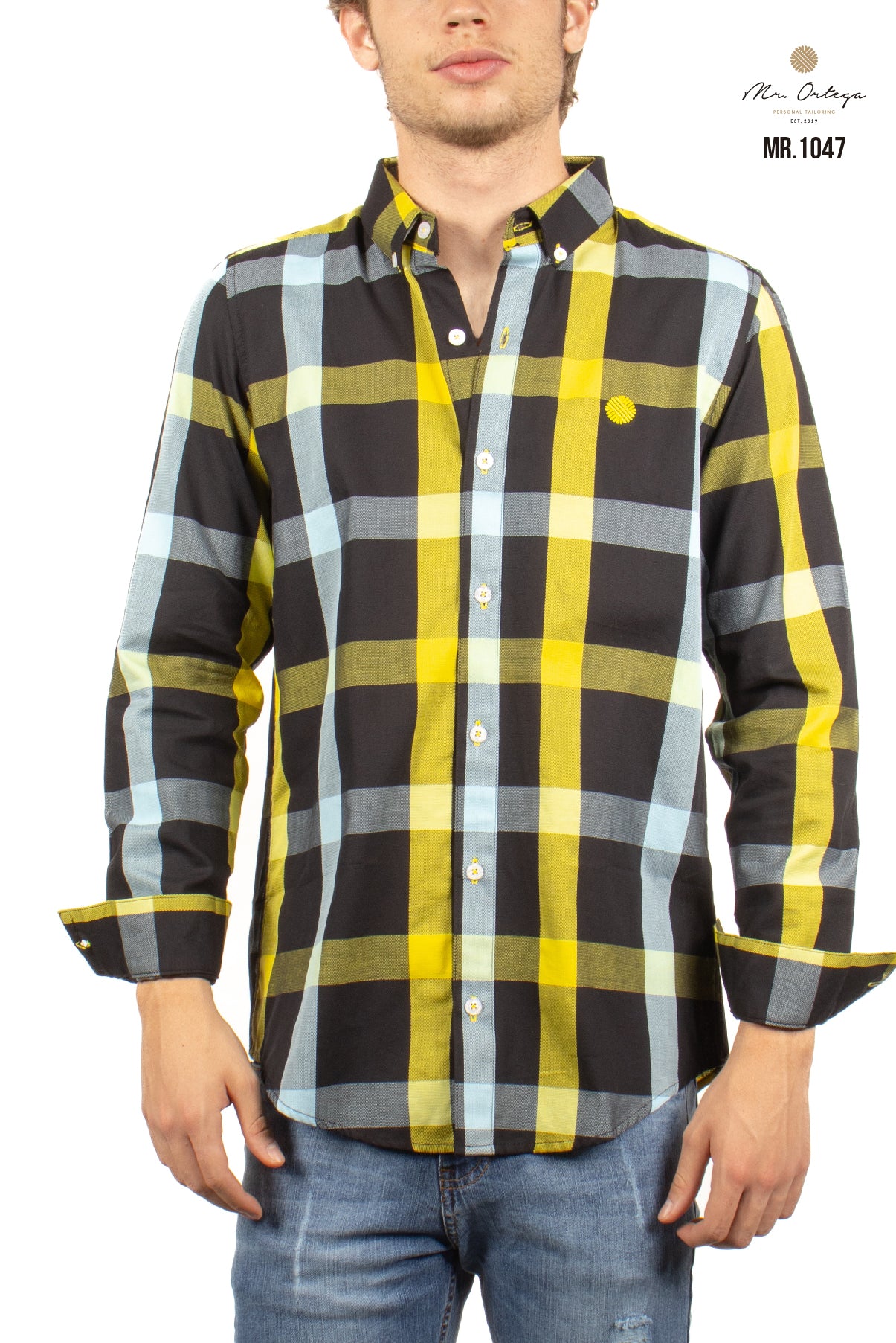 CAMISA NEGRA CUADROS AMARILLO Y BLANCO