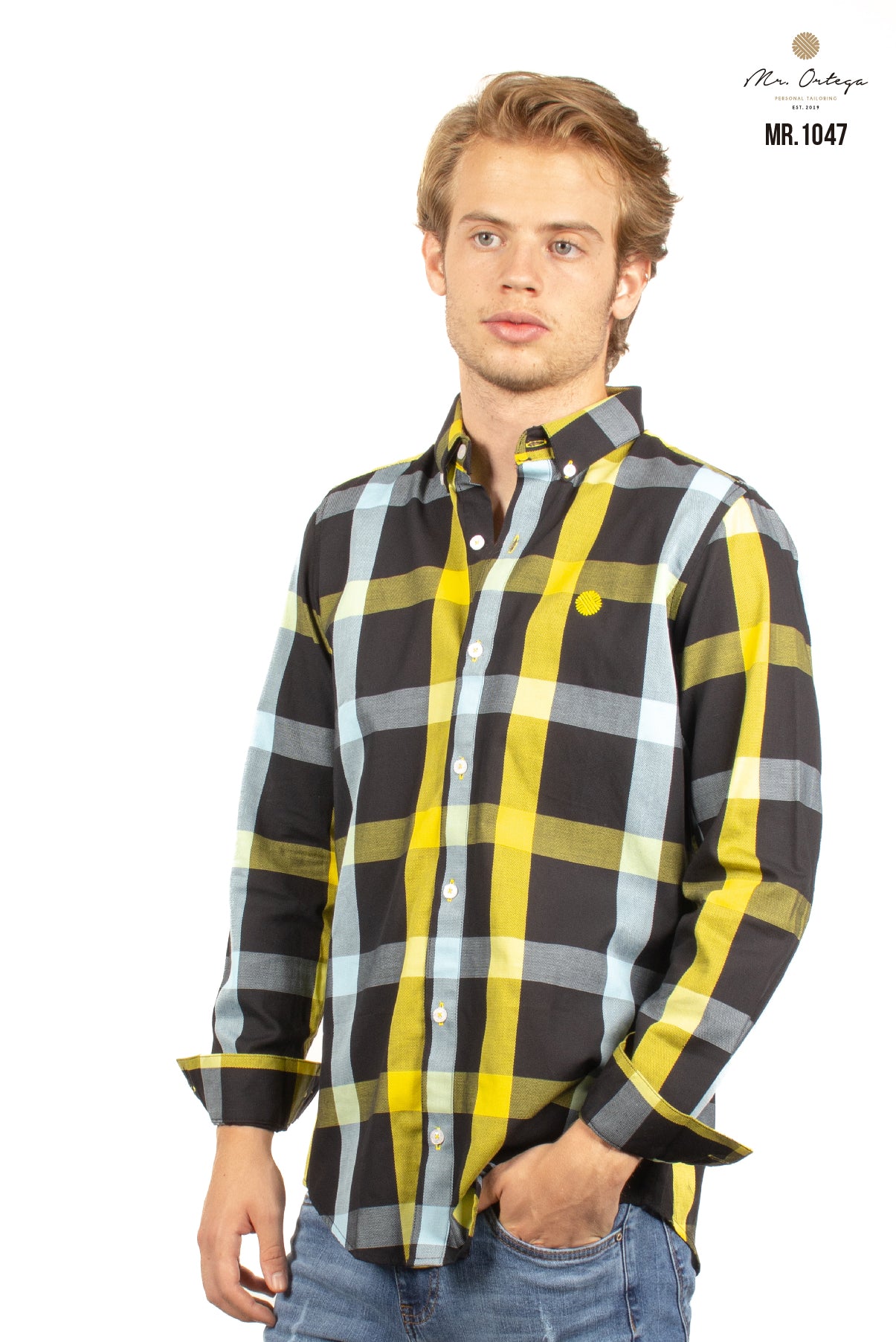 CAMISA NEGRA CUADROS AMARILLO Y BLANCO