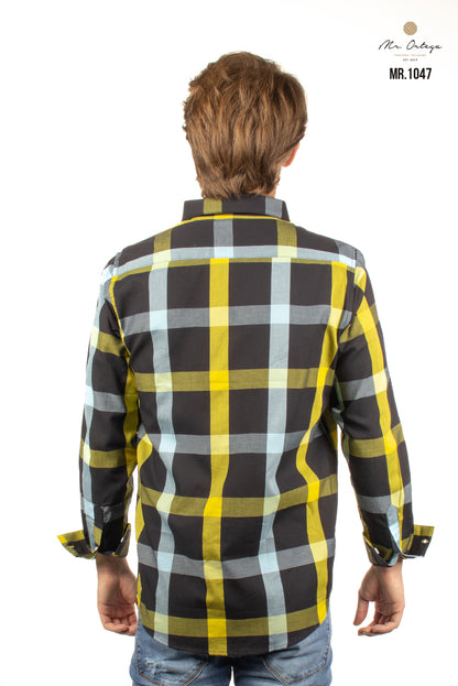 CAMISA NEGRA CUADROS AMARILLO Y BLANCO
