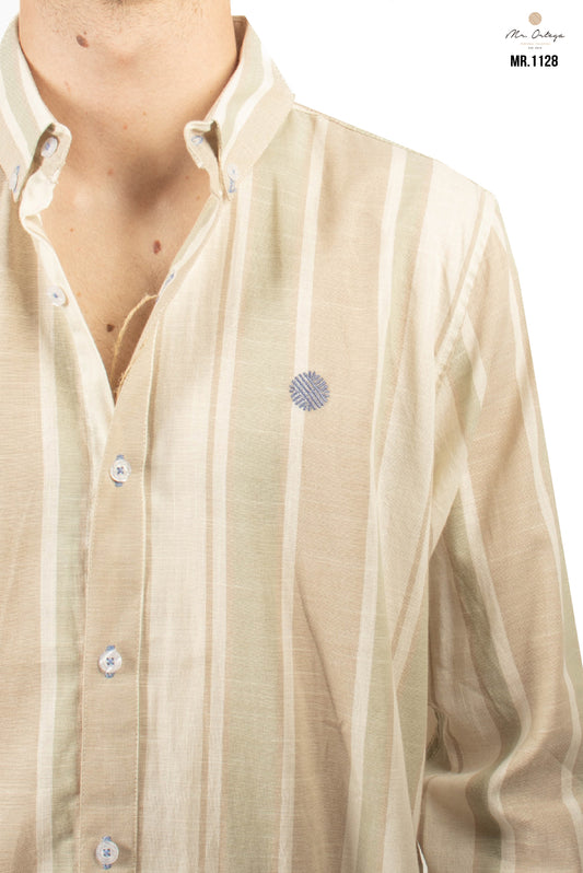 CAMISA RAYAS HUESO / CAFÉ CLARO Y VERDE PASTEL