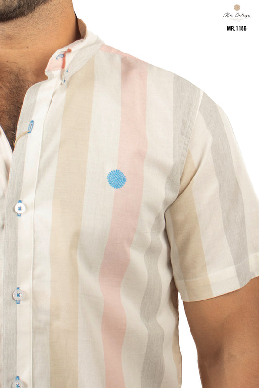 CAMISA RAYAS HUESO / GRIS Y ROSA PASTEL