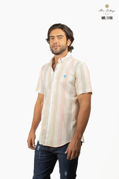 CAMISA RAYAS HUESO / GRIS Y ROSA PASTEL