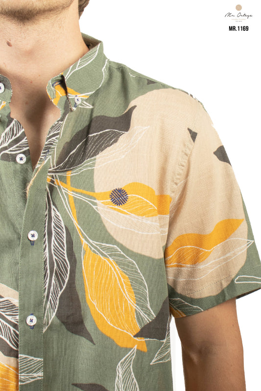 CAMISA VERDE OPACO FLORES BEIGE