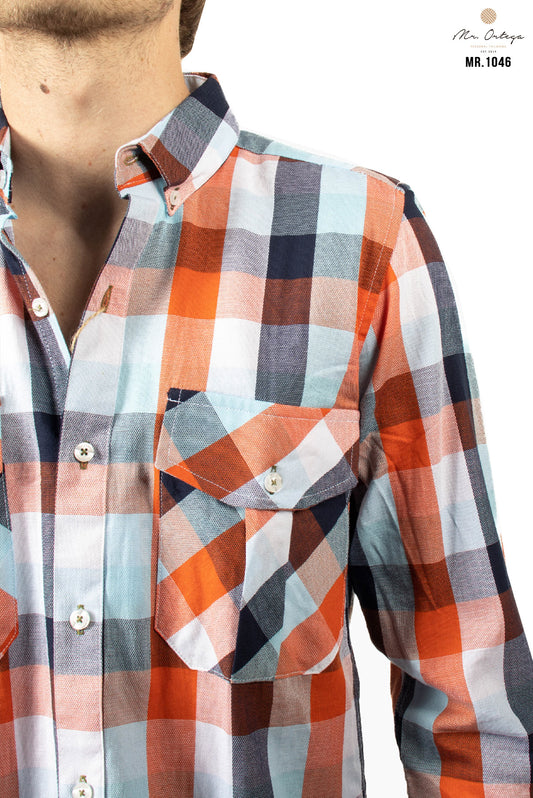 CAMISA CUADROS NARANJA Y AZUL CIELO DOBLE BOLSA
