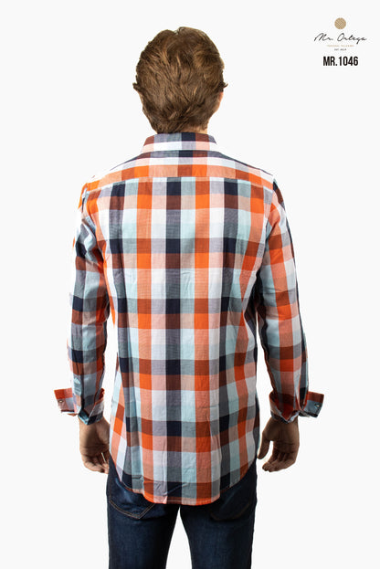 CAMISA CUADROS NARANJA Y AZUL CIELO DOBLE BOLSA