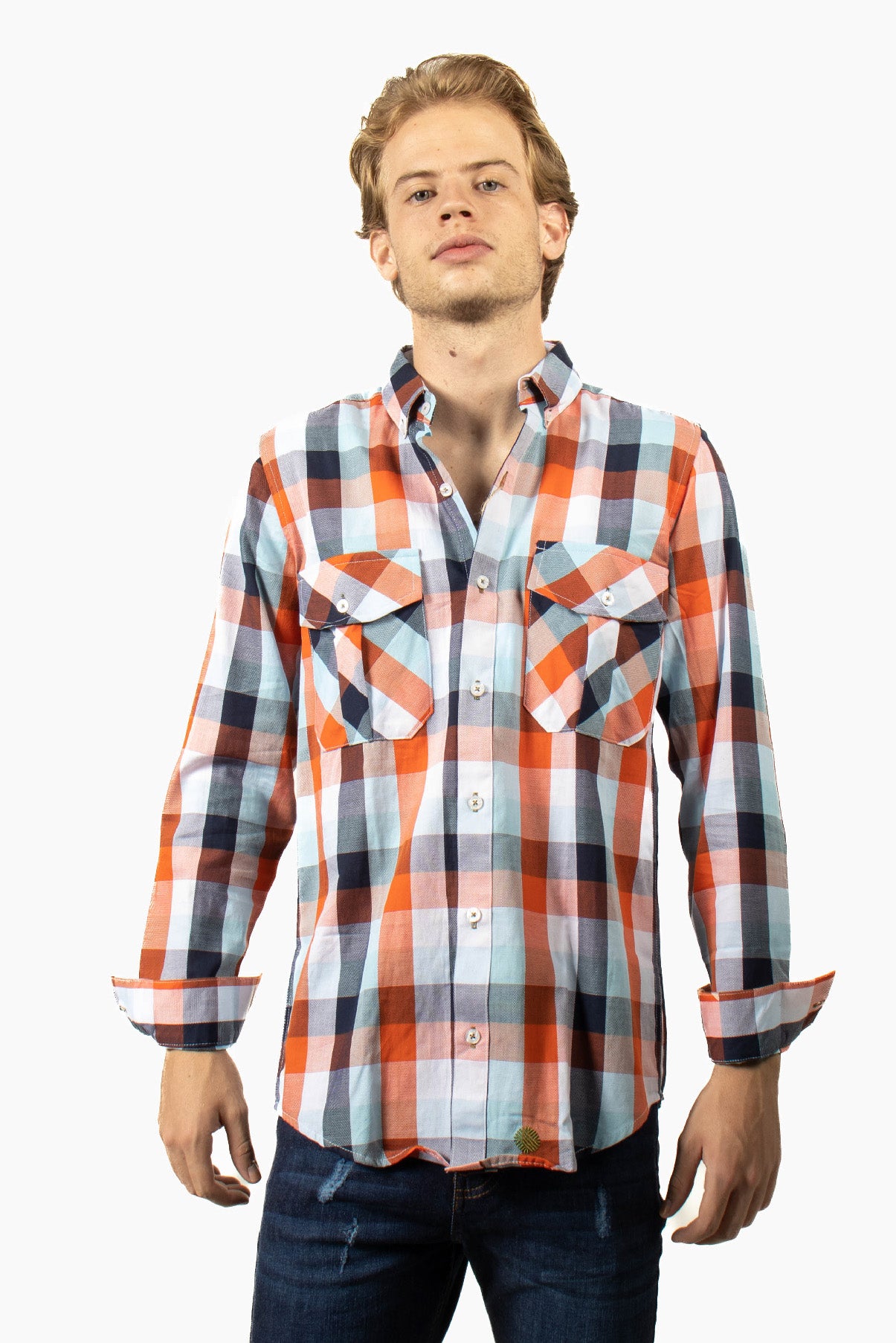 CAMISA CUADROS NARANJA Y AZUL CIELO DOBLE BOLSA